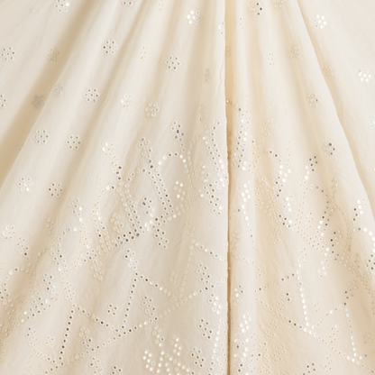 Off White Cotton Mal Daman Skirt Mirror Work Fabric