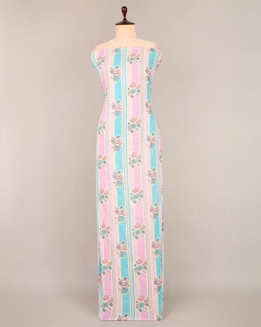 Pink and Blue Cotton Jaipuri Block Printed Fabric