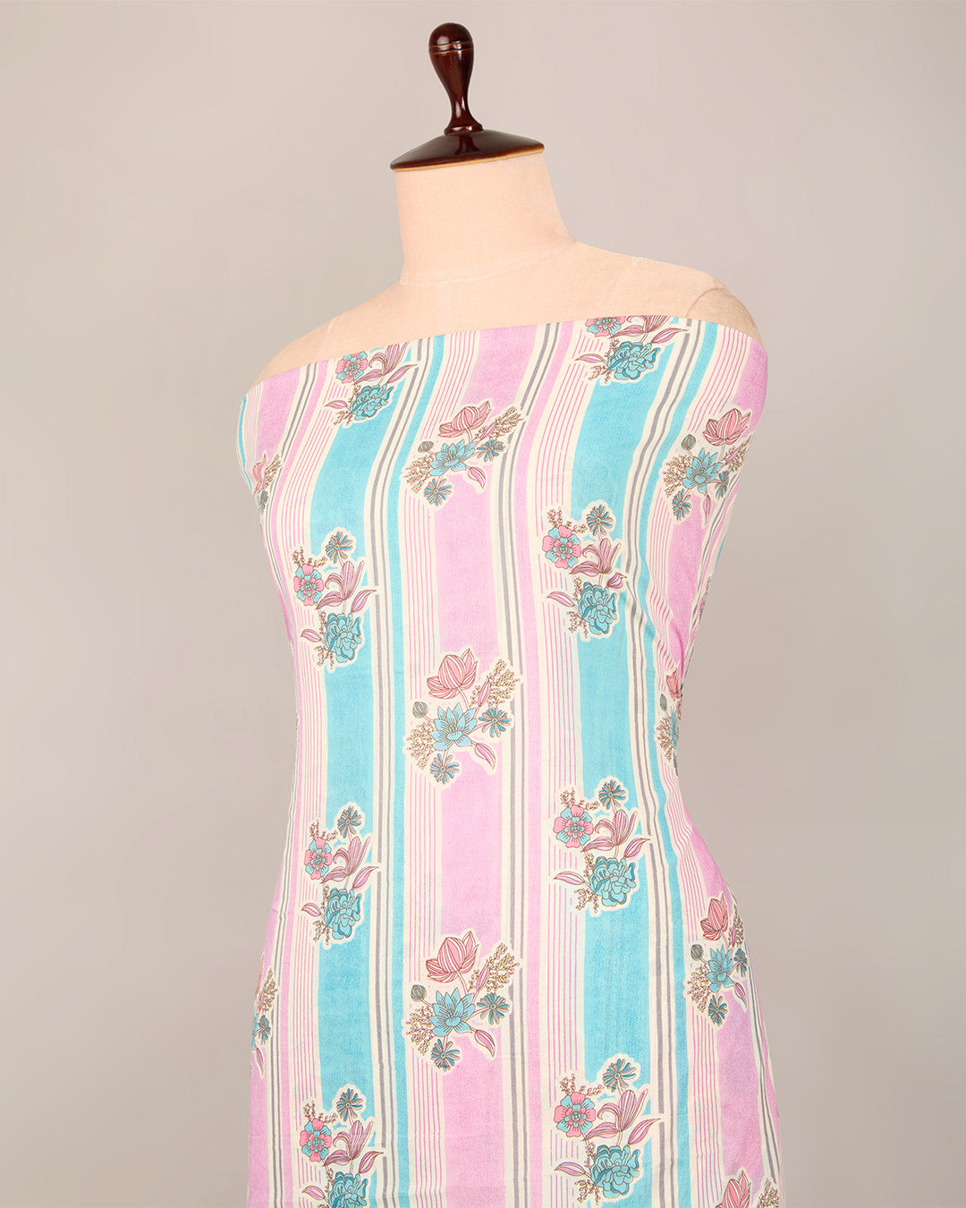 Pink Blue Cotton Jaipuri Buta & Stripe Printed Fabric