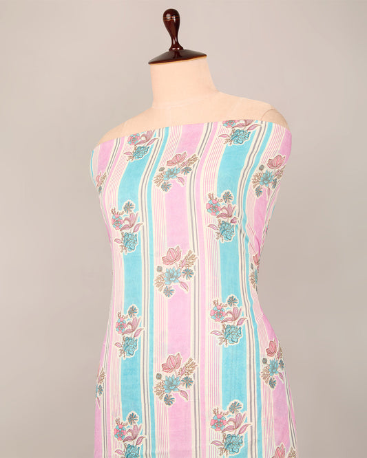 Pink Blue Cotton Jaipuri Buta & Stripe Printed Fabric