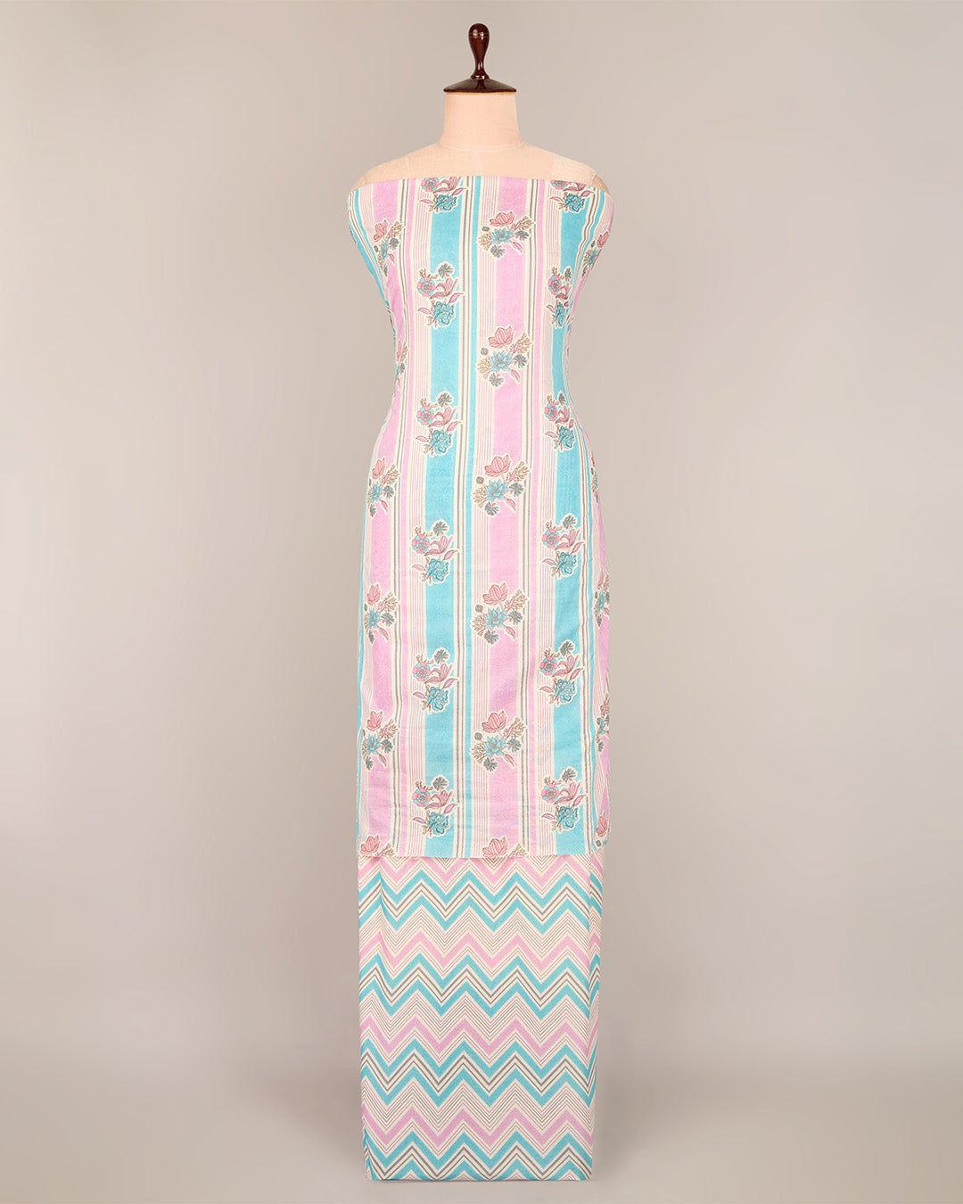 Pink Blue Cotton Jaipuri Buta & Stripe Printed Fabric