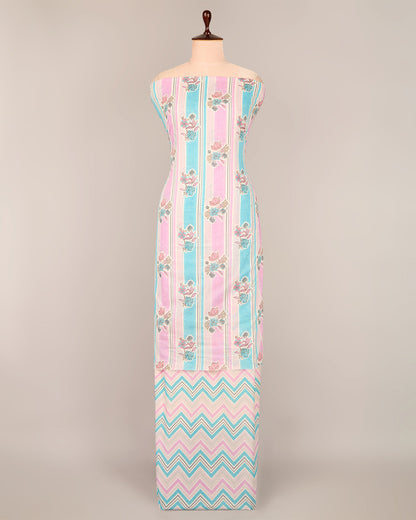 Pink Blue Cotton Jaipuri Buta & Stripe Printed Fabric