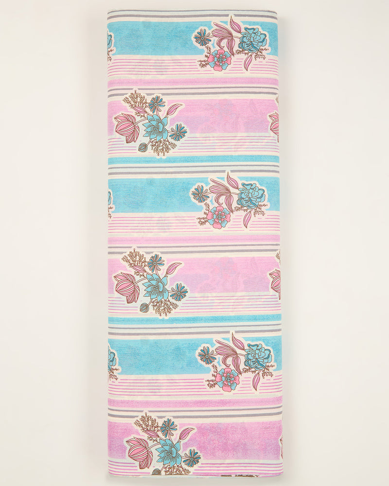 Pink Blue Cotton Jaipuri Buta & Stripe Printed Fabric