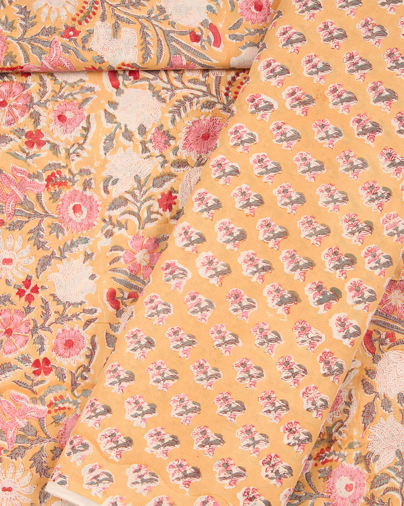 Cotton Jaipuri Block Jaal Printed Fabric - Peach