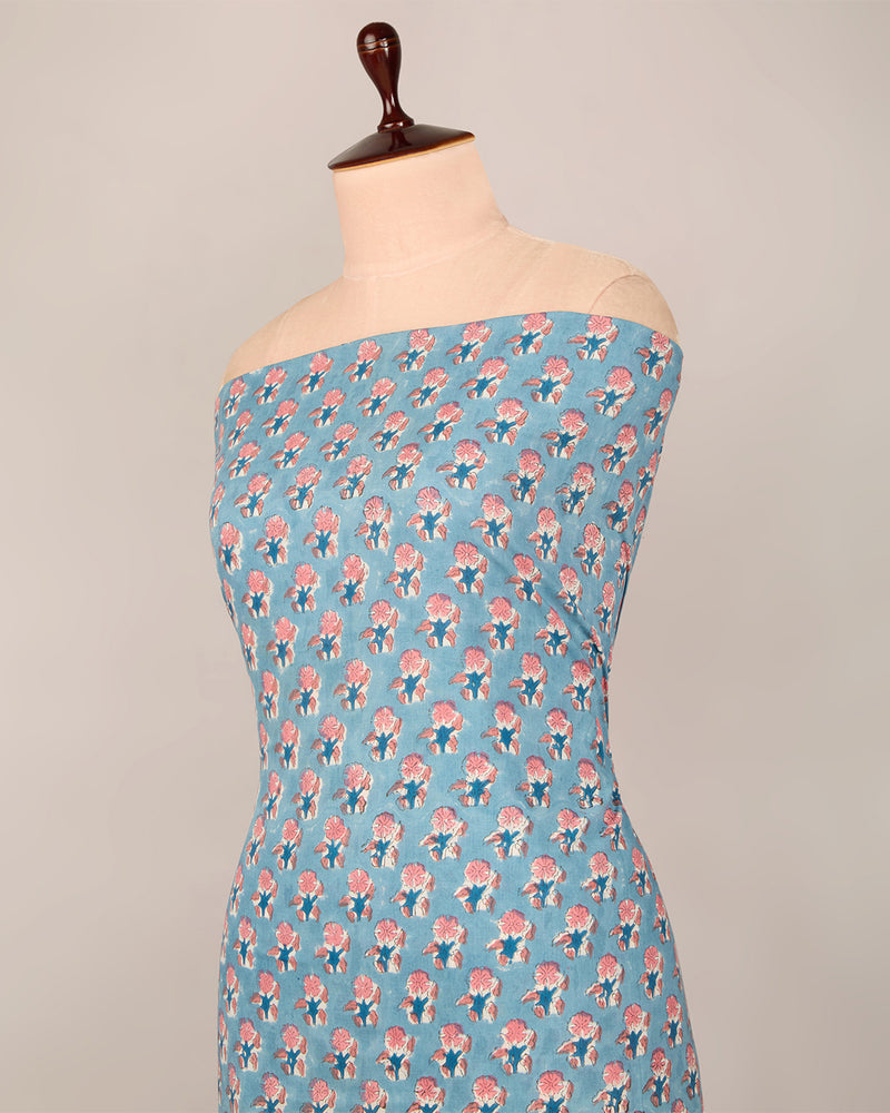 Cotton Jaipuri Block Jaal Printed Fabric - Bluish Grey