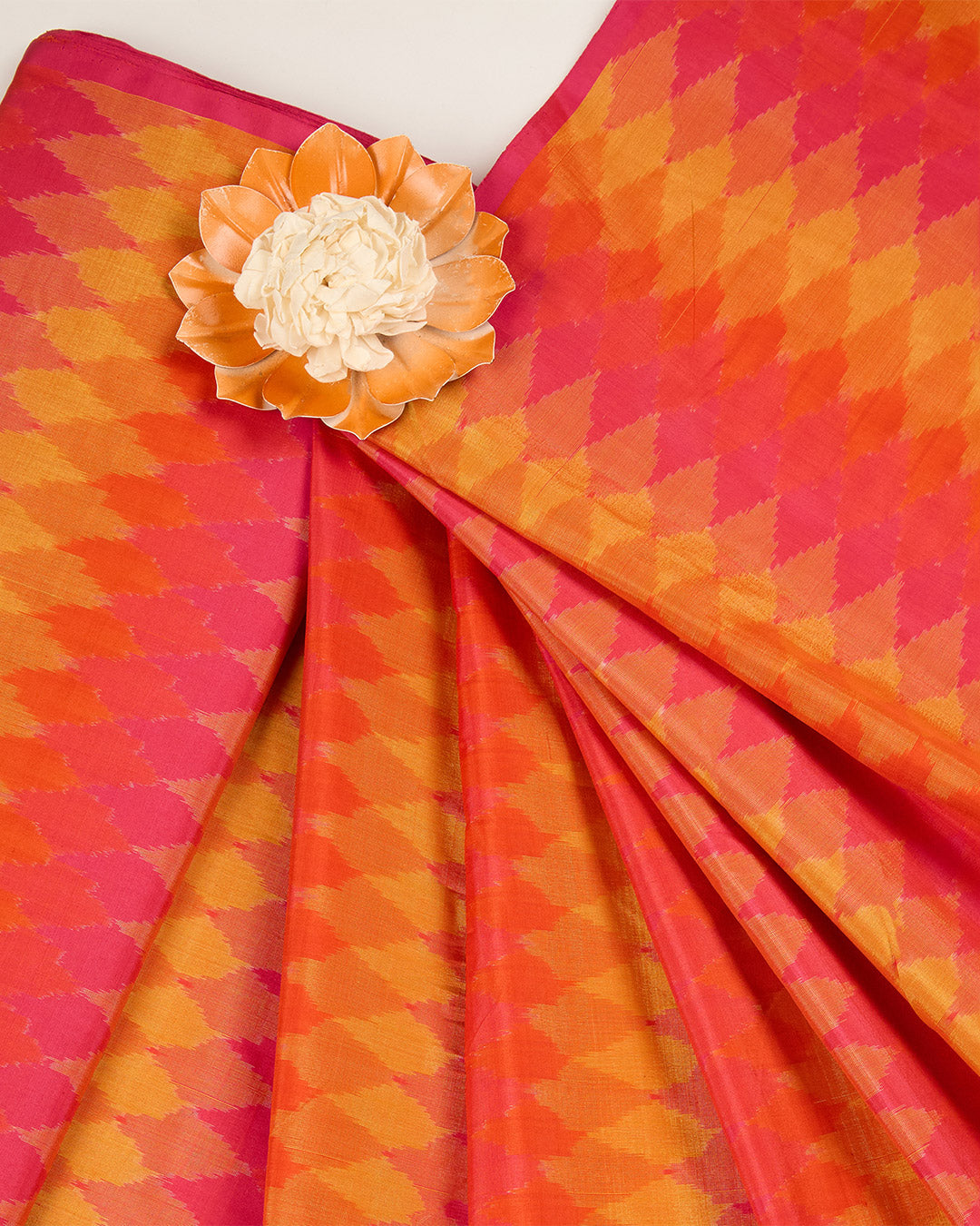 Pink Yellow Cotton Silk Ikat Geometric Fabric