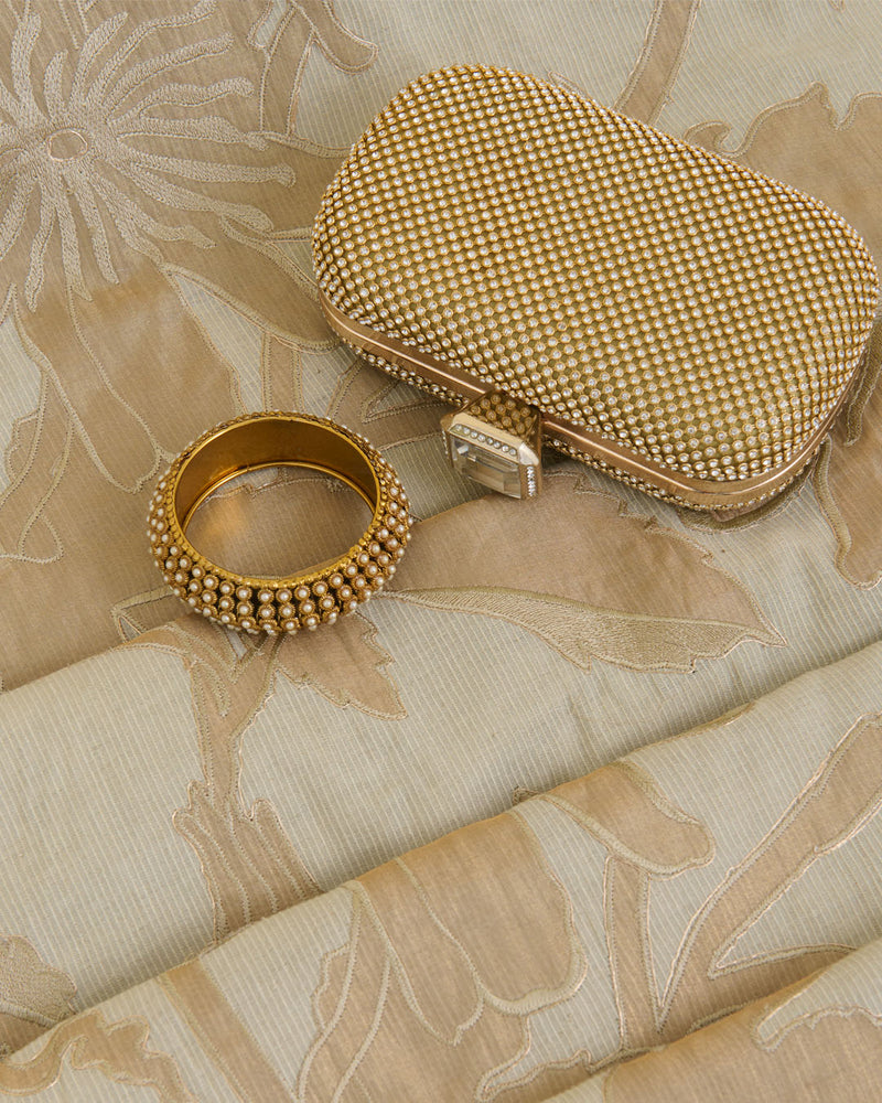 Chanderi Self Stripe Fabric with Applique Tissue Jaal – Pista Green