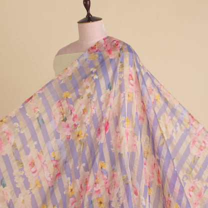 Purple Chanderi Printed Fabric with Tissue Stripes