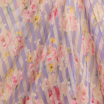 Purple Chanderi Printed Fabric with Tissue Stripes