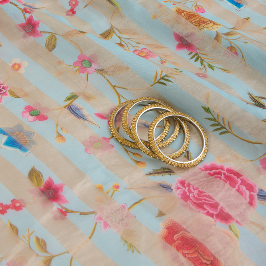 Powder Blue Chanderi Printed Fabric with Tissue Stripes