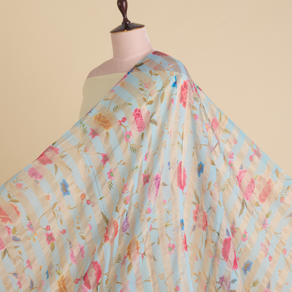 Powder Blue Chanderi Printed Fabric with Tissue Stripes