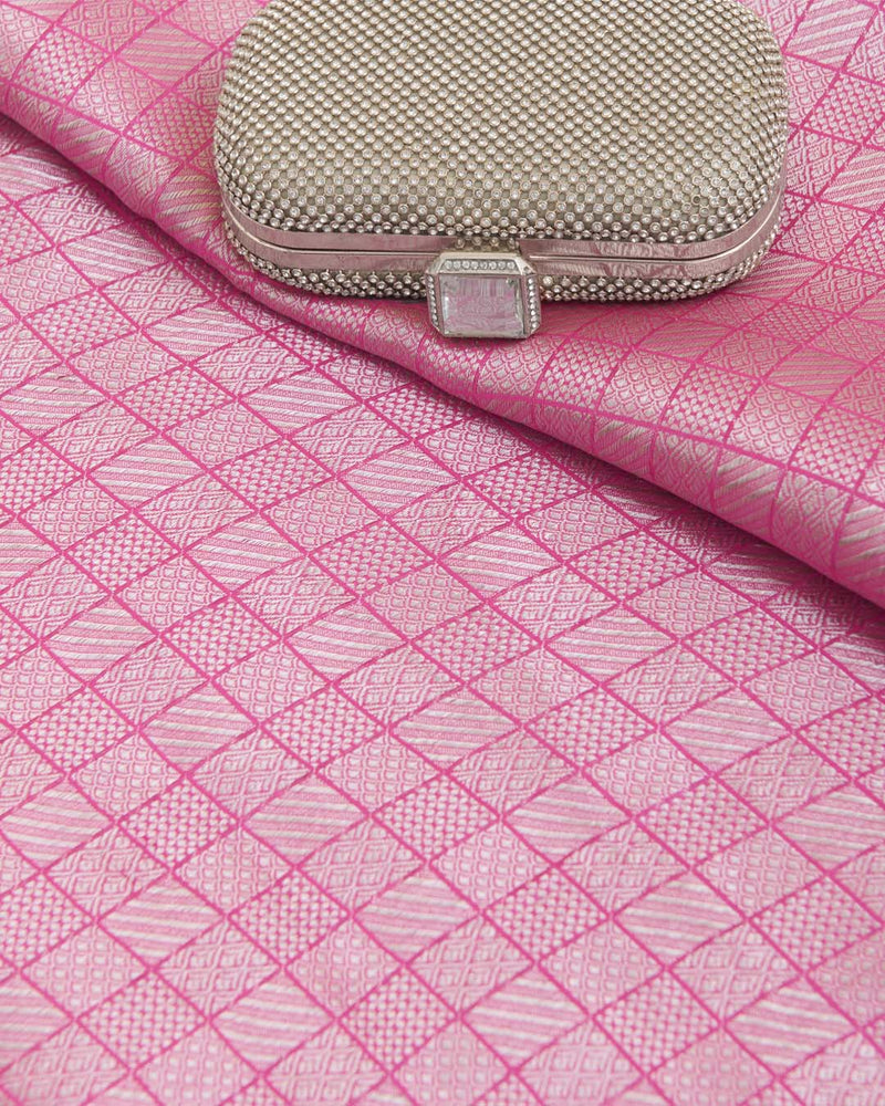 Pink Chanderi Jacquard Fabric with Geometric Woven Design