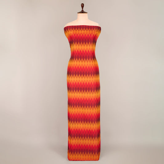 Red Cotton Silk Ikat Geometric Fabric