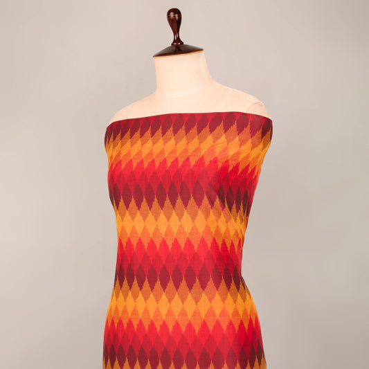 Red Cotton Silk Ikat Geometric Fabric