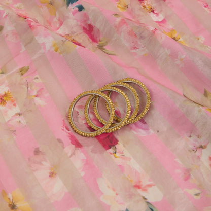 Rose Pink Chanderi Printed Fabric with Tissue Stripes