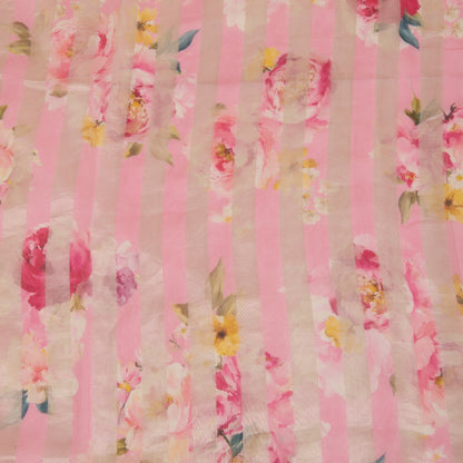 Rose Pink Chanderi Printed Fabric with Tissue Stripes
