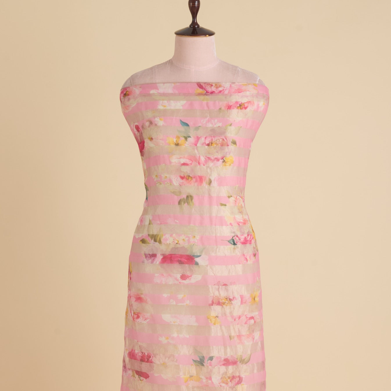 Rose Pink Chanderi Printed Fabric with Tissue Stripes