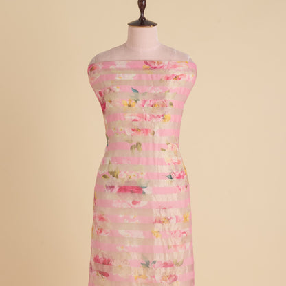 Rose Pink Chanderi Printed Fabric with Tissue Stripes