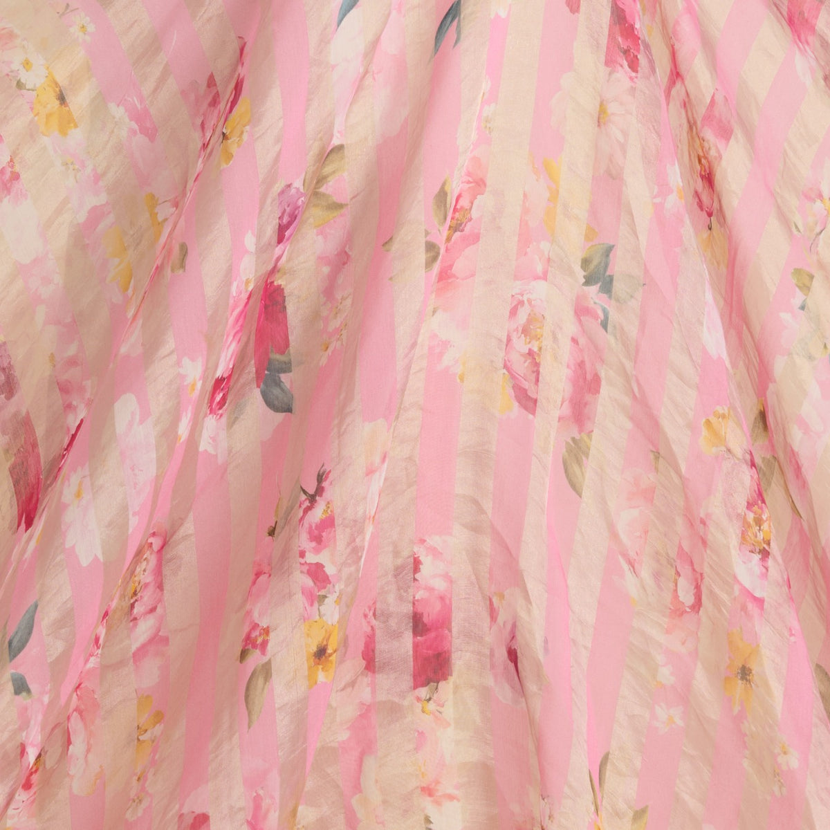 Rose Pink Chanderi Printed Fabric with Tissue Stripes