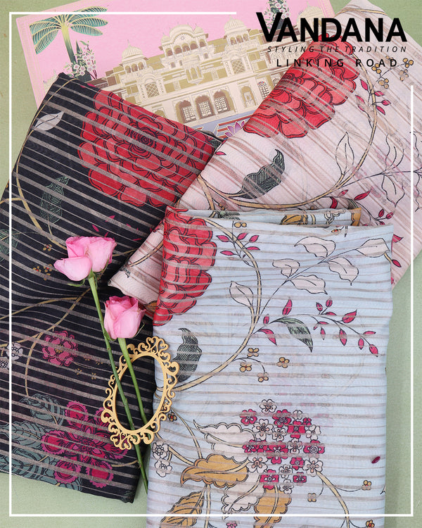 Chanderi Printed Silver Stripes Fabric