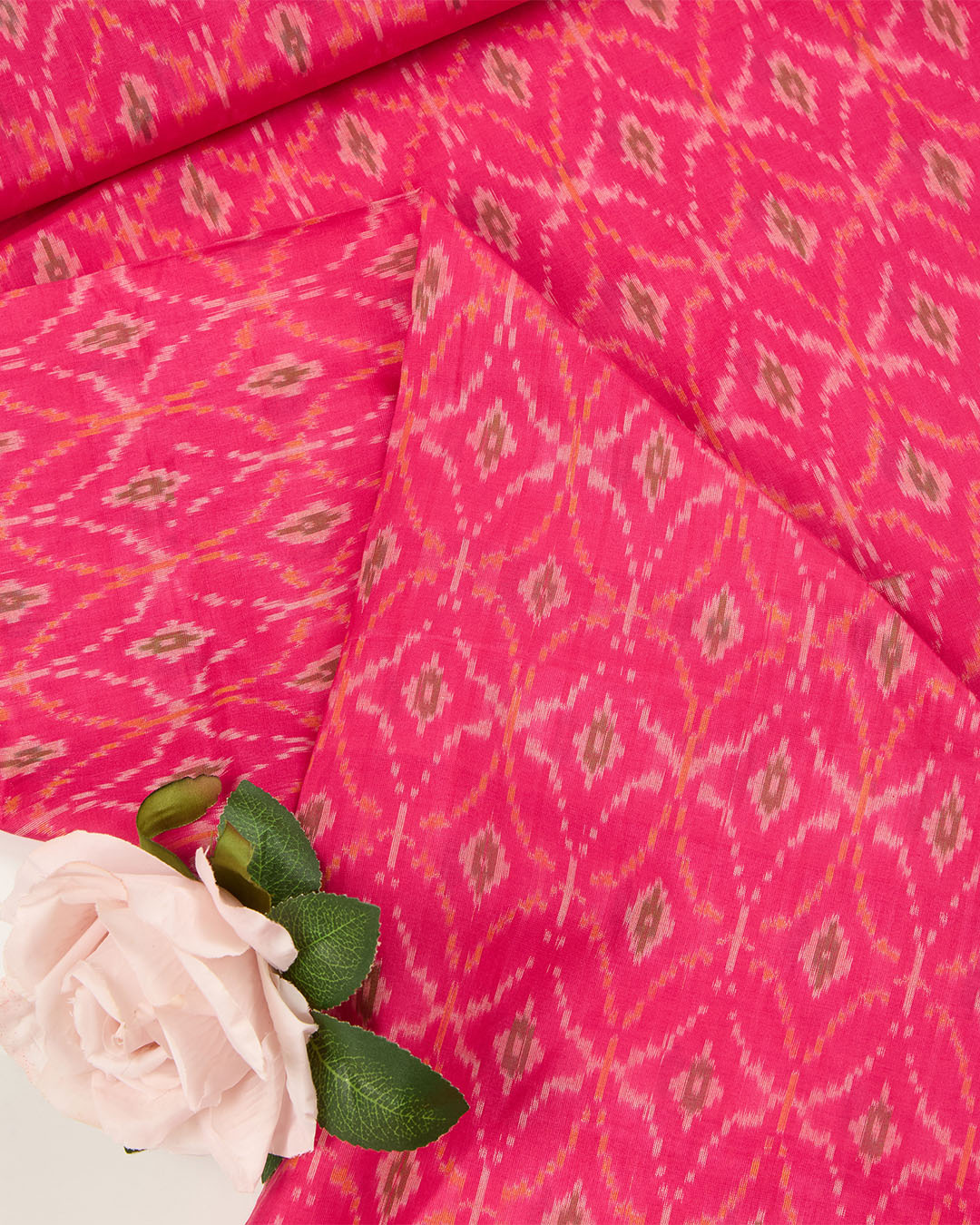 Tomato Pink Cotton Silk Ikat Fabric