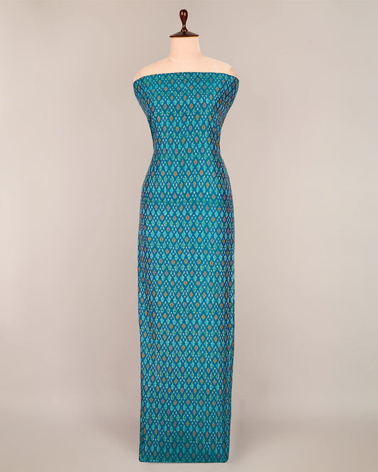 Teal Blue Cotton Silk Ikat Fabric with Traditional Handwoven Pattern