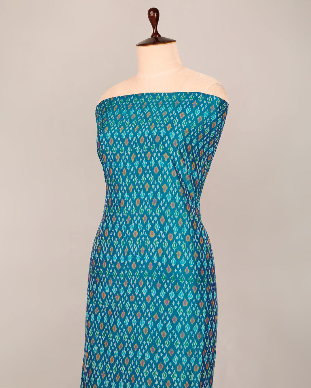 Teal Blue Cotton Silk Ikat Fabric