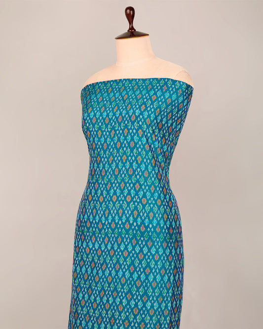 Teal Blue Cotton Silk Ikat Fabric