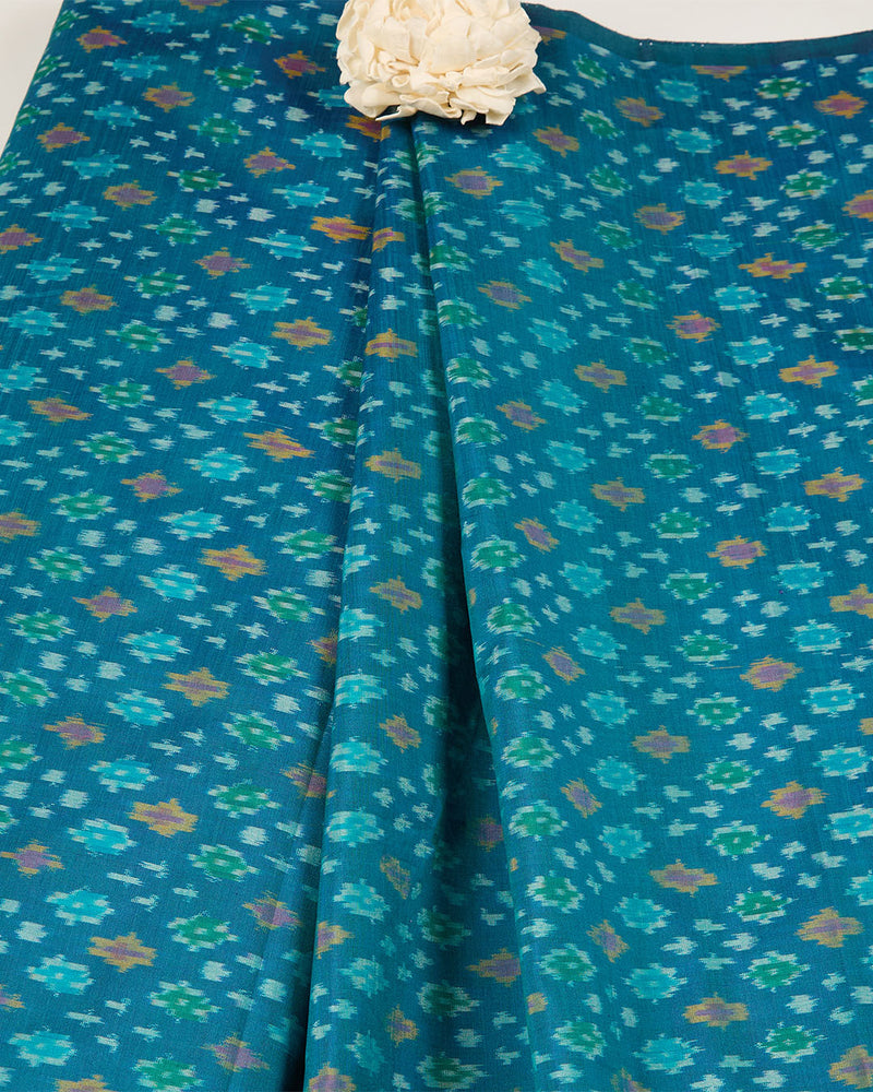 Teal Blue Cotton Silk Ikat Fabric