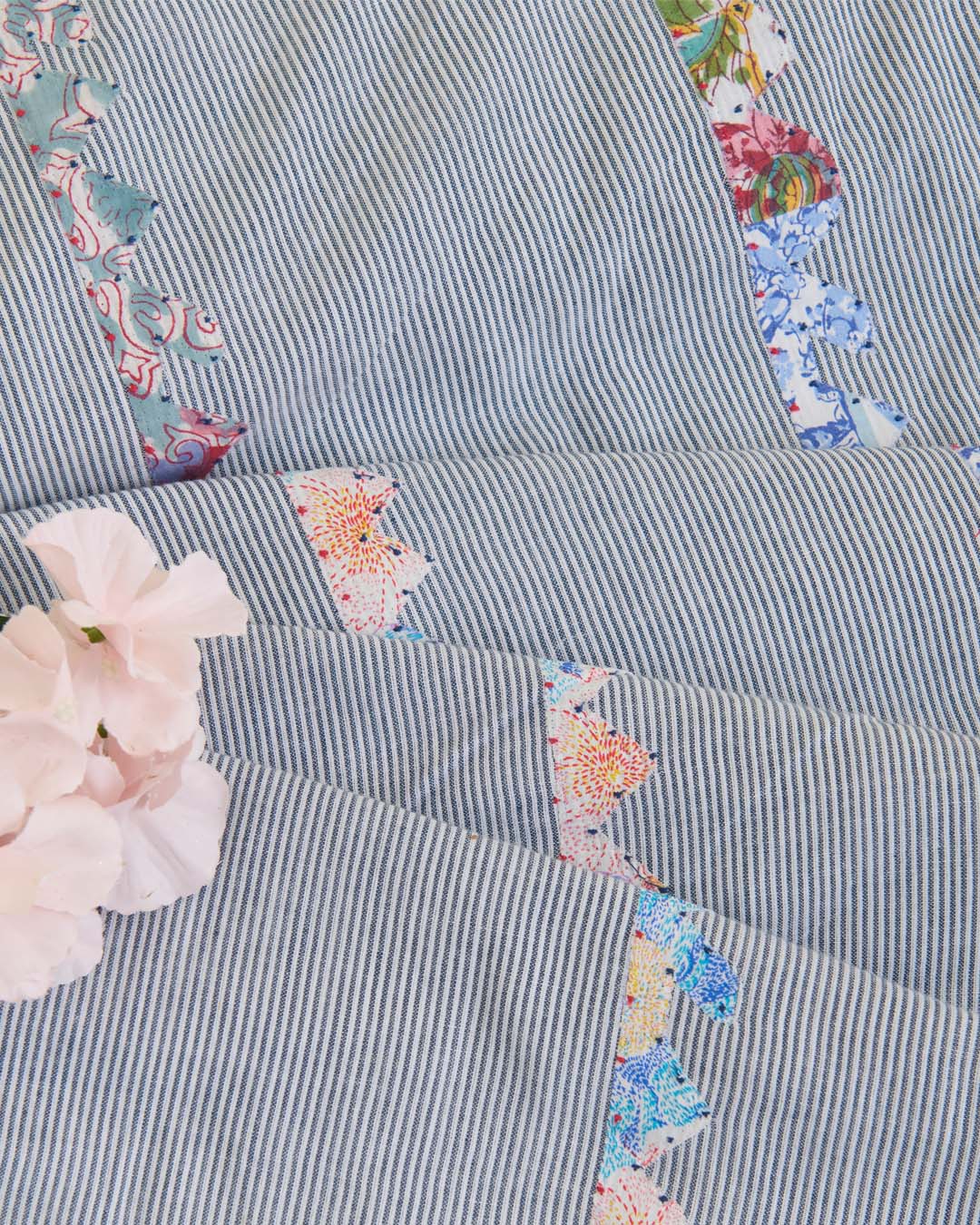 Cotton Self Stripe Fabric with Printed Applique Stripes – White/Grey