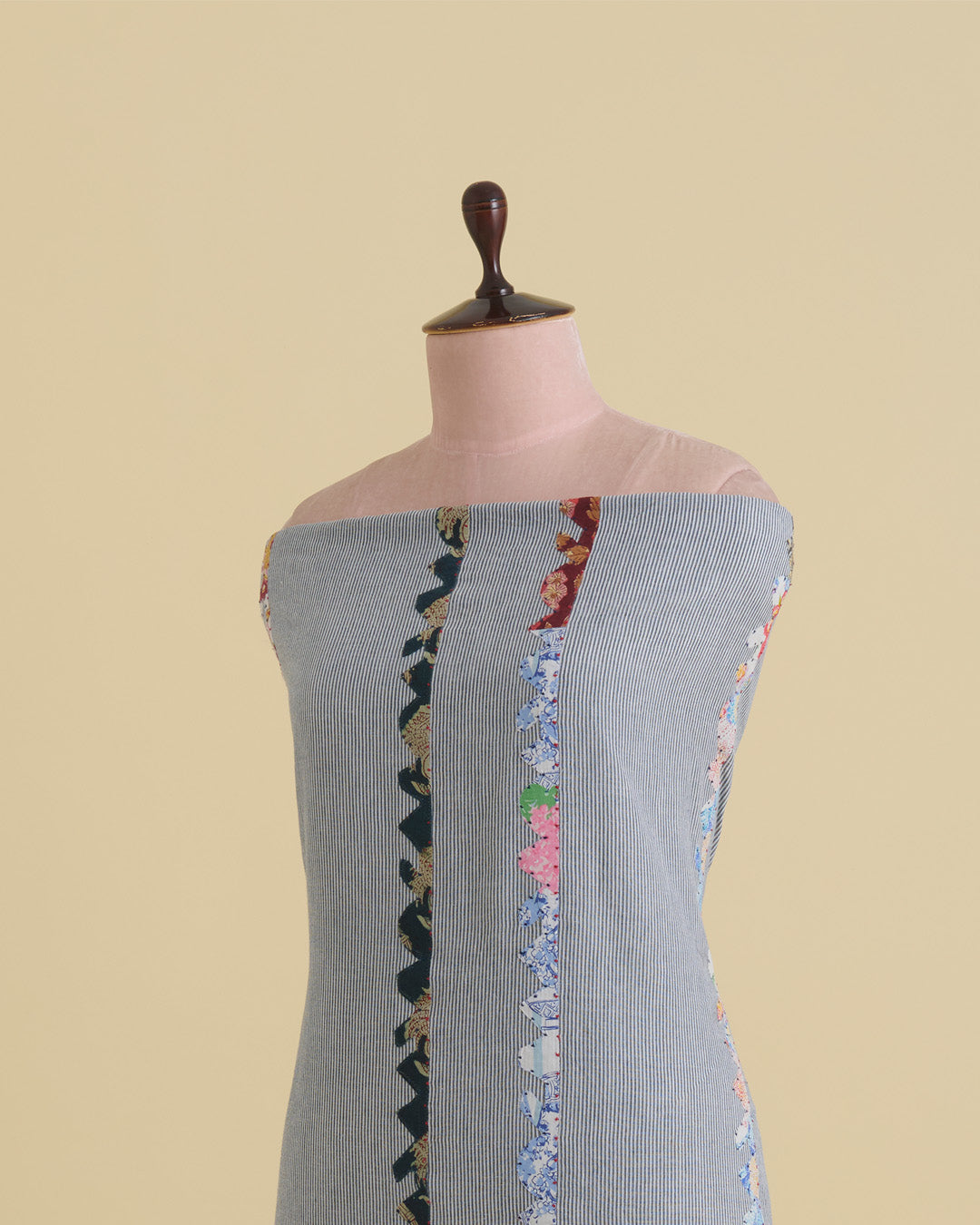 Cotton Self Stripe Fabric with Printed Applique Stripes – White/Grey