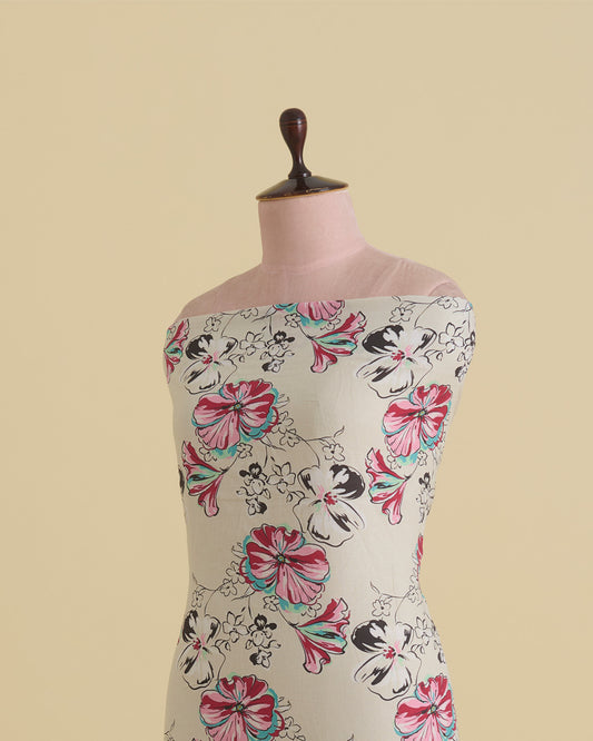 Cotton Linen Floral Printed Fabric – Cream