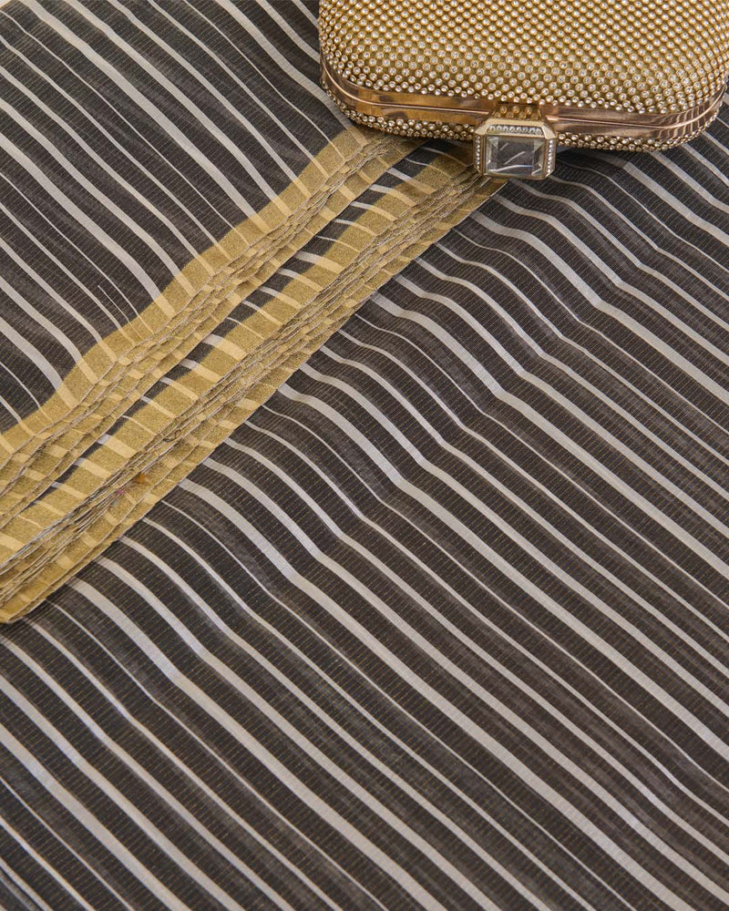 Black White Chanderi Tissue Black Gold Stripes