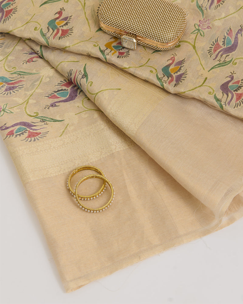 Beige Gold Chanderi Tissue Hand Woven Hand Printed Dupatta