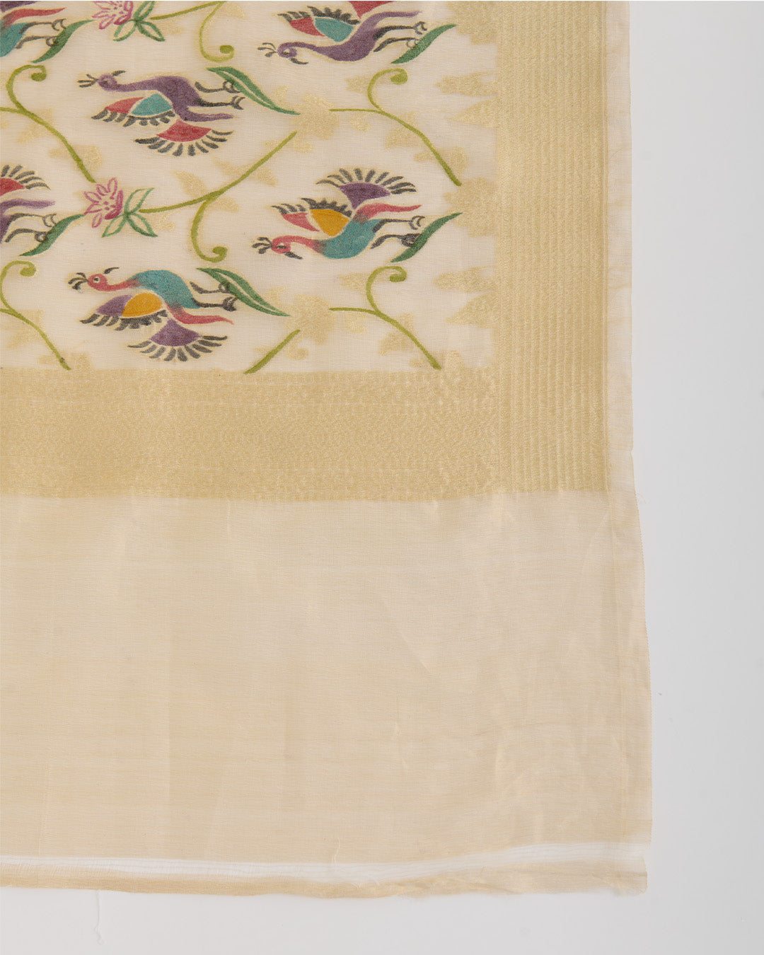 Beige Gold Chanderi Tissue Hand Woven Hand Printed Dupatta