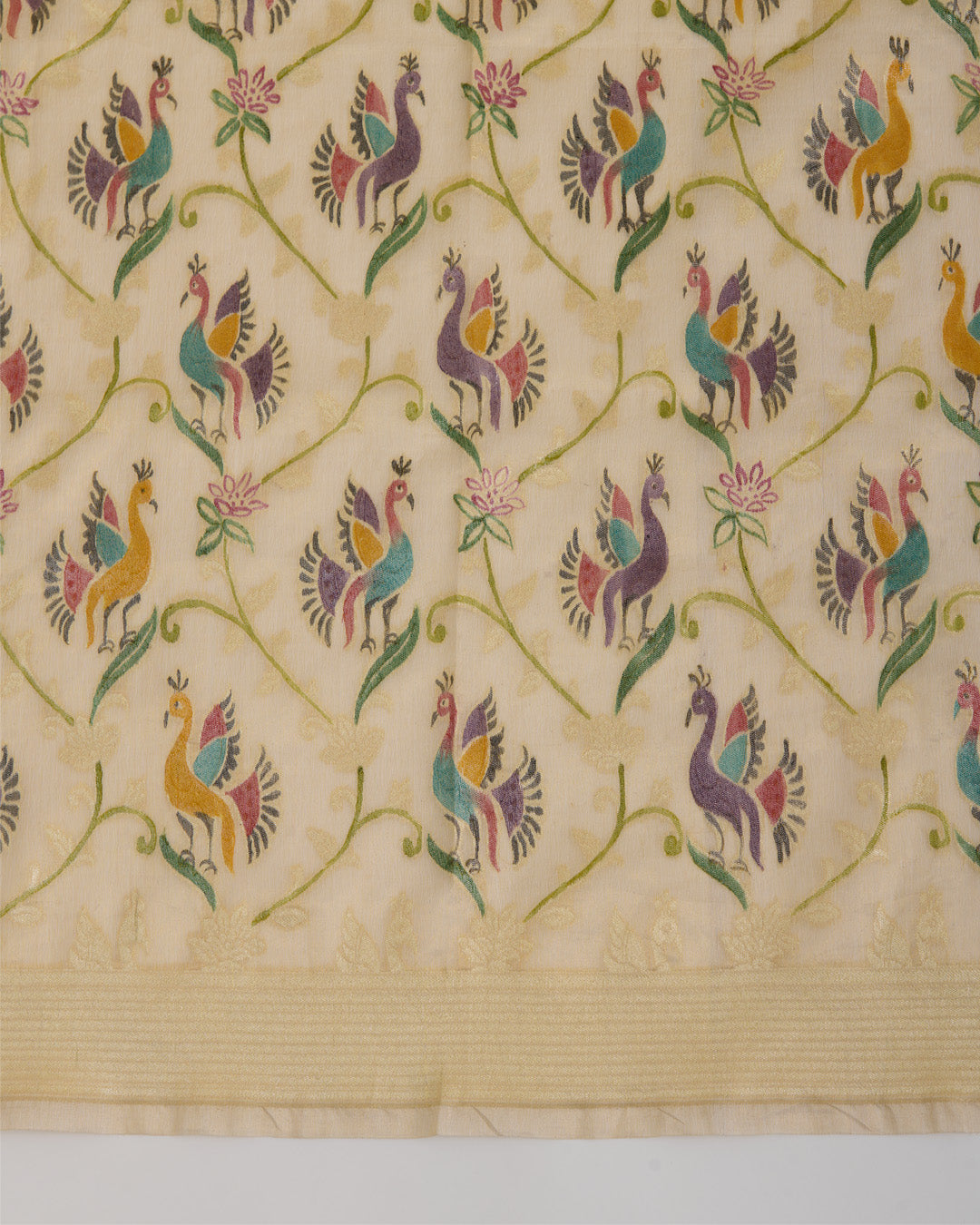 Beige Gold Chanderi Tissue Hand Woven Hand Printed Dupatta