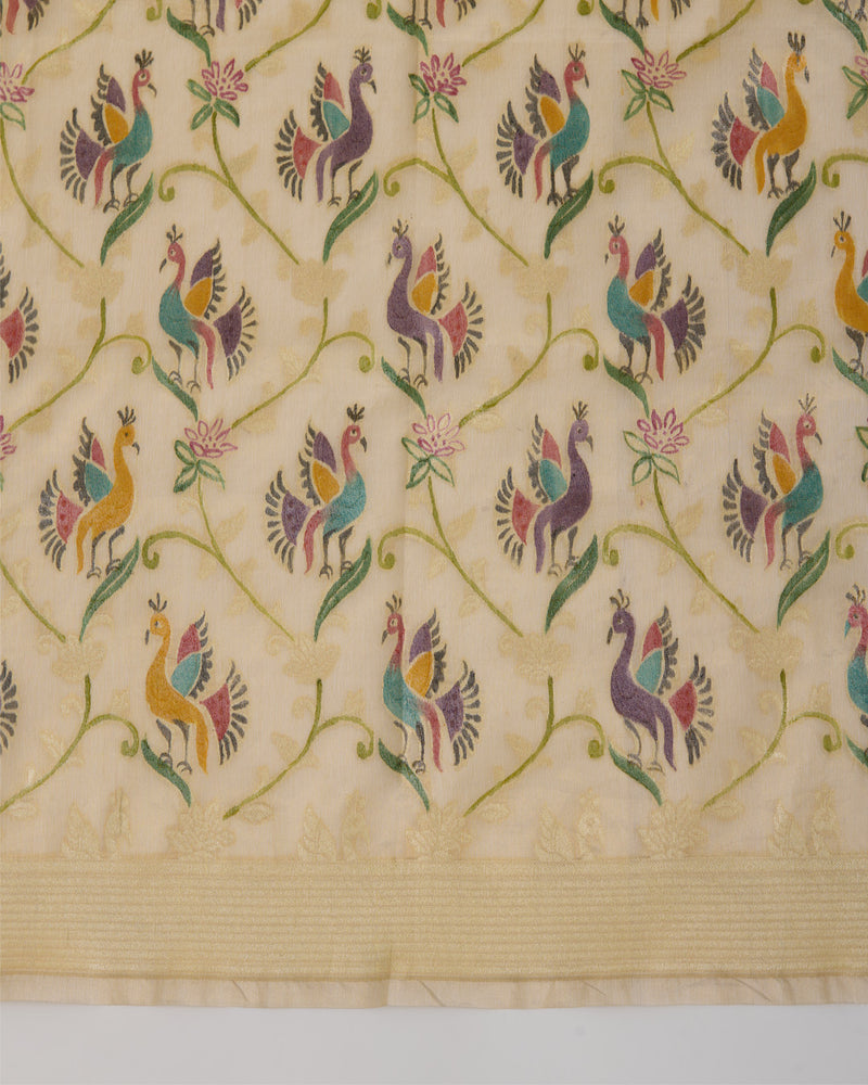 Beige Gold Chanderi Tissue Hand Woven Hand Printed Dupatta
