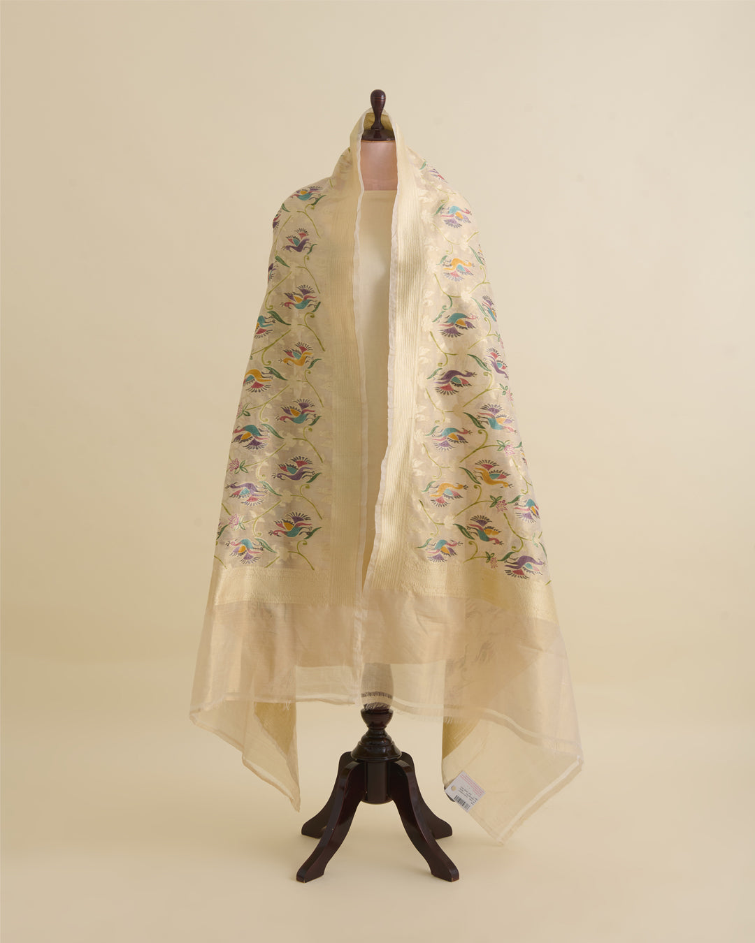 Beige Gold Chanderi Tissue Hand Woven Hand Printed Dupatta