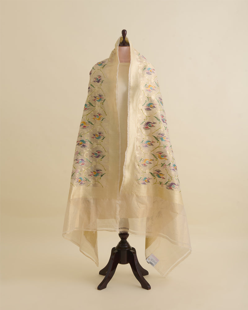 Beige Gold Chanderi Tissue Hand Woven Hand Printed Dupatta