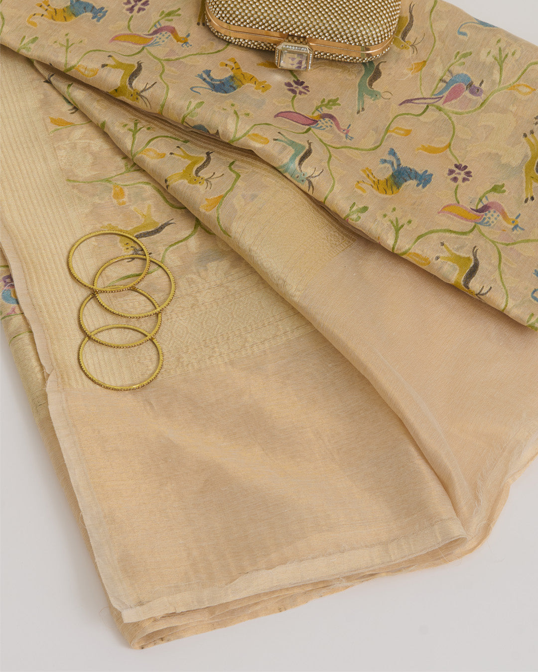 Beige Gold Chanderi Tissue Handwoven Gold Hand Printed Dupatta