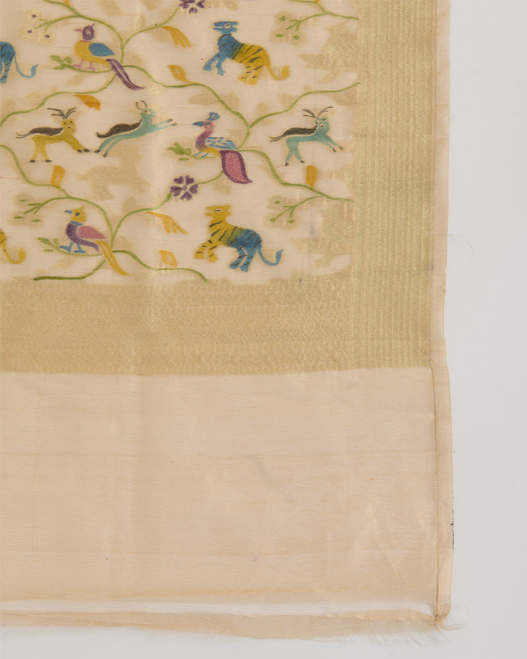 Beige Gold Chanderi Tissue Handwoven Gold Hand Printed Dupatta