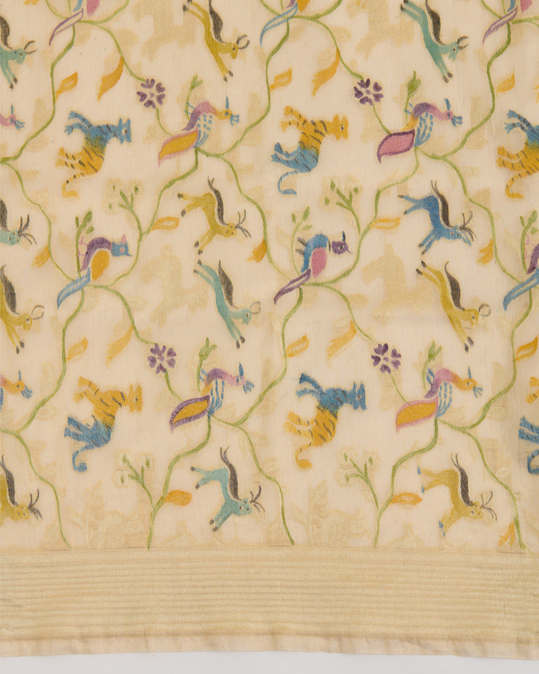 Beige Gold Chanderi Tissue Handwoven Gold Hand Printed Dupatta