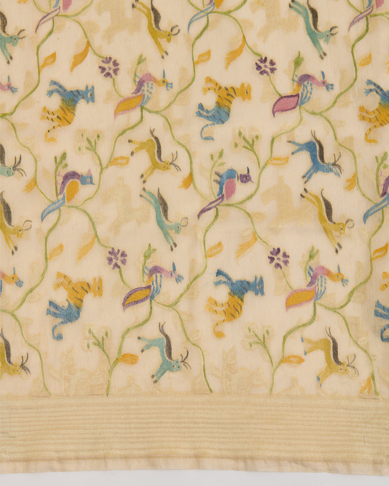 Beige Gold Chanderi Tissue Handwoven Gold Hand Printed Dupatta