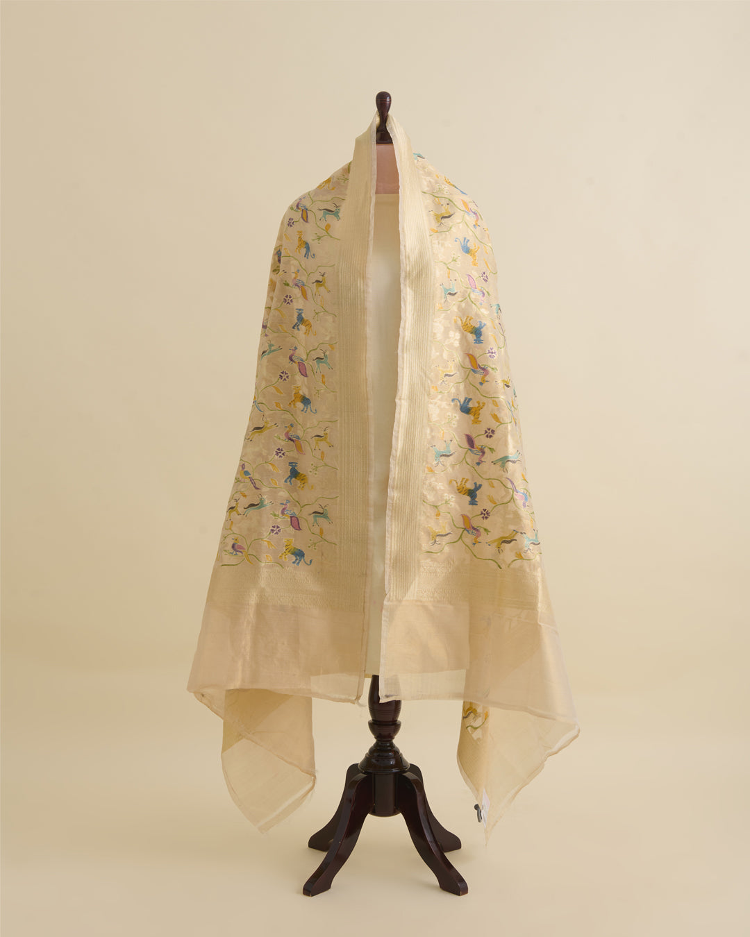 Beige Gold Chanderi Tissue Handwoven Gold Hand Printed Dupatta