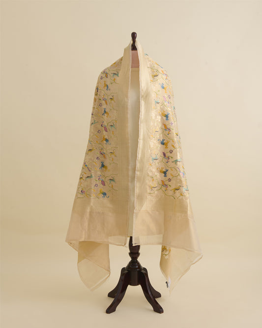 Beige Gold Chanderi Tissue Handwoven Gold Hand Printed Dupatta