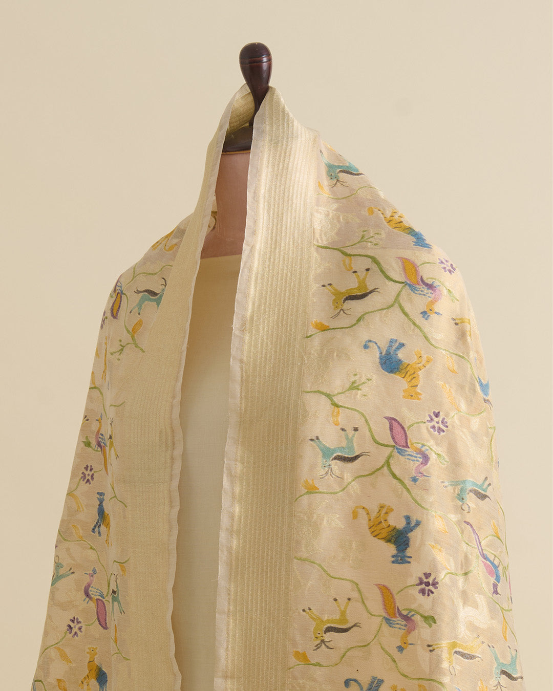 Beige Gold Chanderi Tissue Handwoven Gold Hand Printed Dupatta