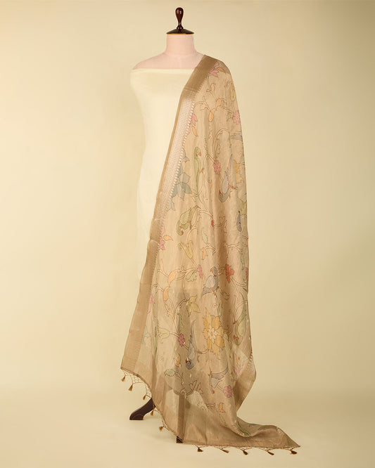 Beige Cotton Silk Ikat Handloom Woven Fabric - Ikat Handloom