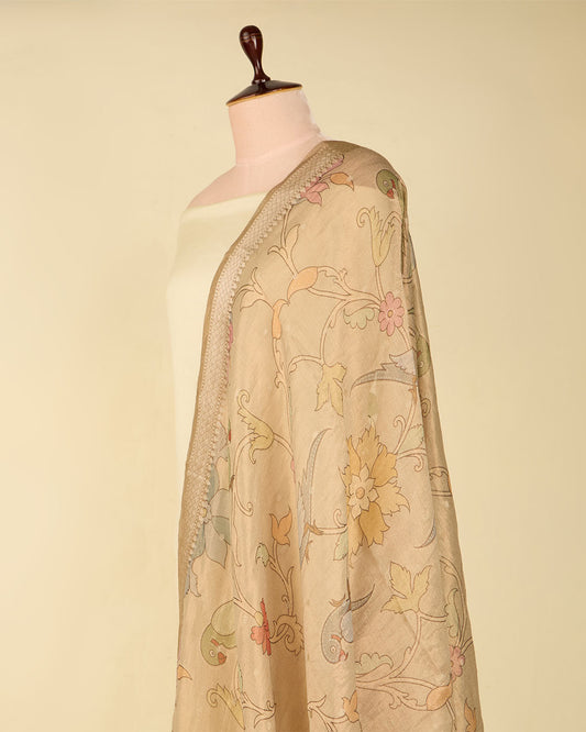 Beige Chanderi kalamkari printed woven dupatta