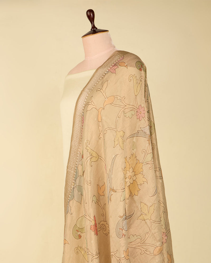 Beige Chanderi kalamkari printed woven dupatta