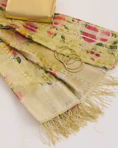 Green Chiniya Silk Hand Woven Floral Print Dupatta